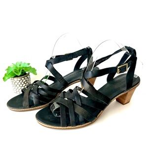 Timberland Earthkeepers Black Leather Strappy Stacked Block Heel Sandals 11